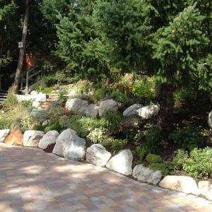Squamish sloped yard with terraced stone retaining walls and planting